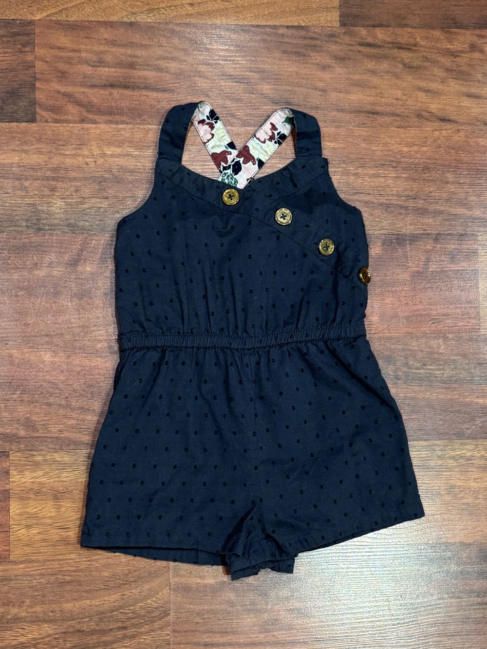 Tommy Bahama - Navy Linen Romper with Floral Crossback and Buttons Details